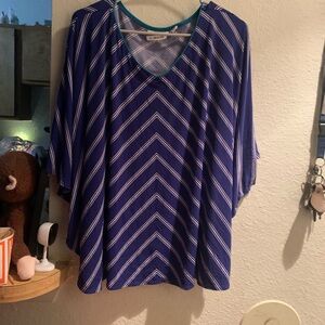 Susan Graver Blue and White Chevron V-Neck Blouse